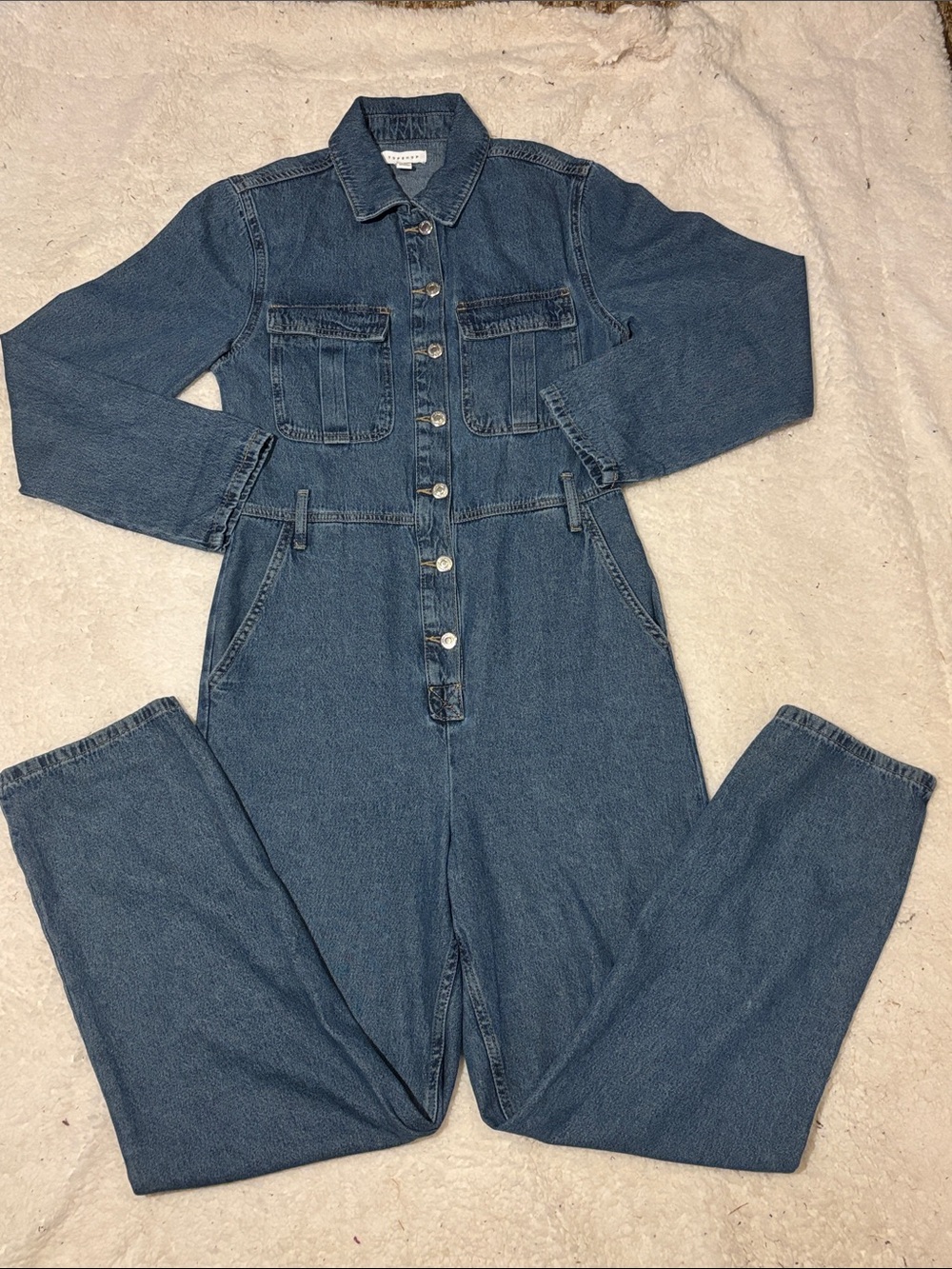 Topshop Dark Blue Denim Button-Front Women's Jumpsuit Overalls